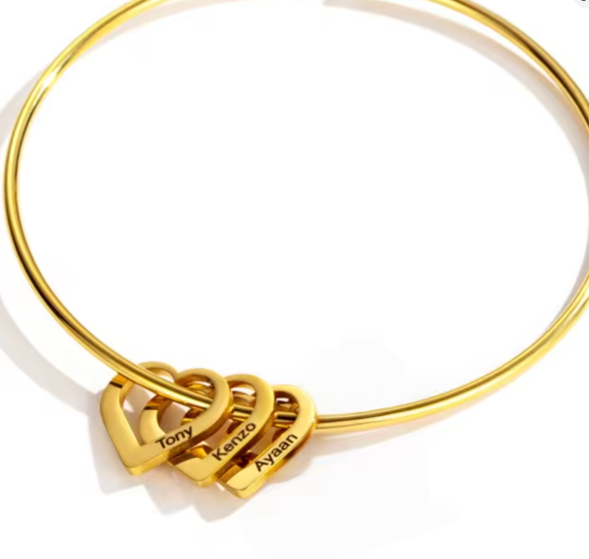 Custom Name Heart Bangle Bracelet – Personalized Engraved Jewelry Gift for Women, Moms, and Grandmas – Adjustable Gold Plated Name Charm | Family Bracelet